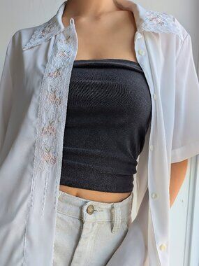 Vintage Floral Embroidered Short Sleeve Button-Down